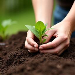 Hands planting a young sapling into rich soil.