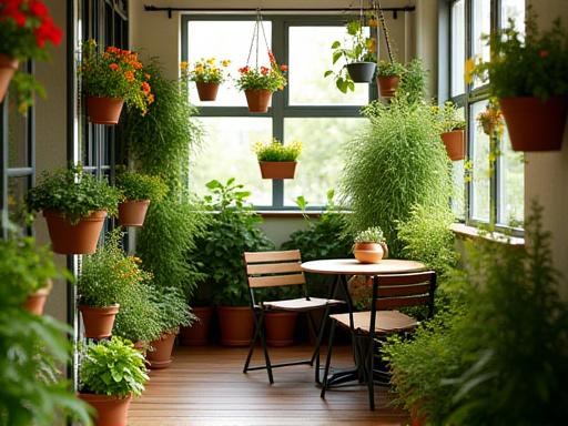 The same city balcony filled with vertical gardens, hanging plants, and herbs.