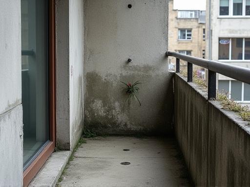 A small, concrete city balcony with no plants.